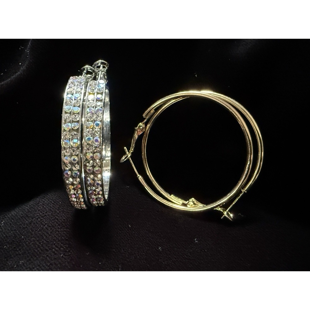 Lot Of 2 Pairs Silver Tone Iridescent Stone + Gold Tone Hoop Earrings‎ Y2K Style